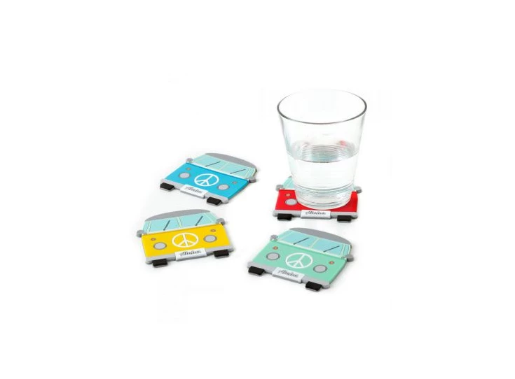 Coaster set van 4 glas onderlegger onderzetter pvc plastic vw busje volkswagen van kleurrijk