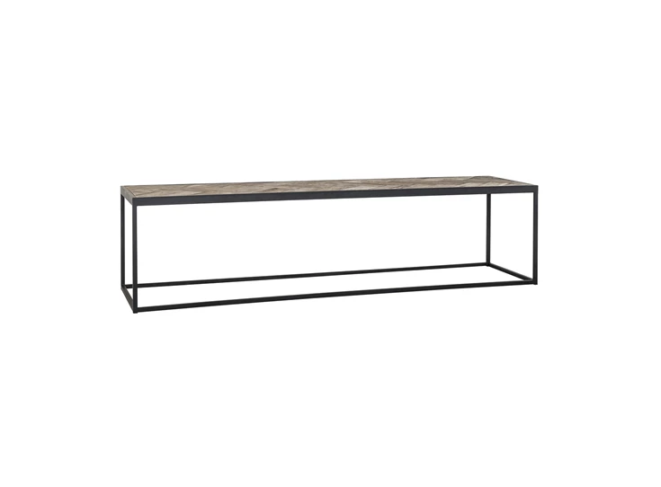 Herringbone visgraat motief oude eik tafelblad zwart ijzer onderstel richmond interiors industrieel design