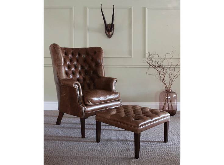 Mackenzie mahonie poten armen visgraat natuurleder chair knopen engelse stijl tetrad nagels leder