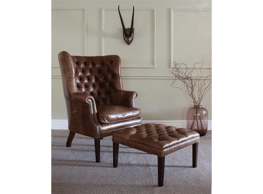 Mackenzie mahonie poten armen visgraat natuurleder chair knopen engelse stijl tetrad nagels leder