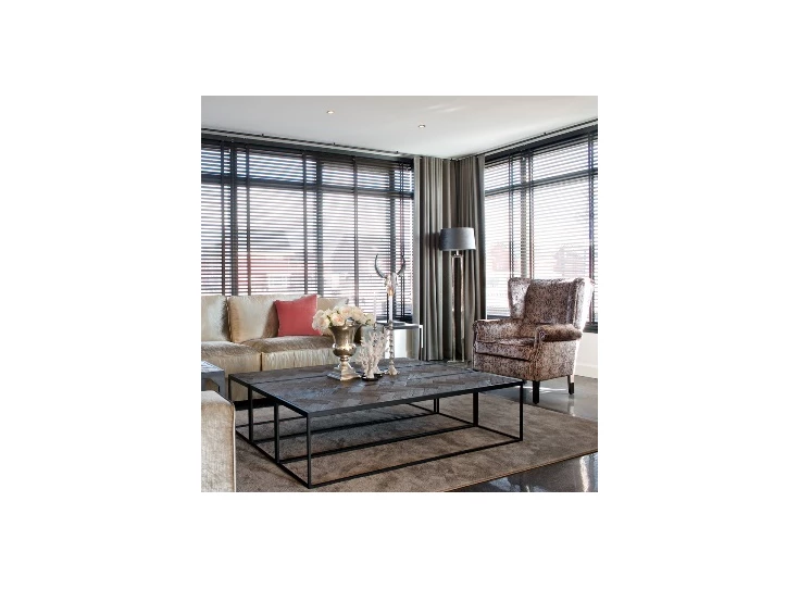 Herringbone zwart design richmond interiors oude eik tafelblad visgraat motief onderstel ijzer industrieel