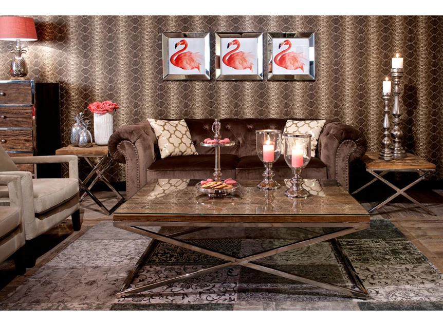 Kensington bijzettafel 60cm richmond interiors 9852 kruispoot gerecycleerd houten blad rvs stalen