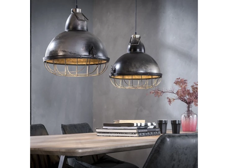 Hanglamp industry 2 kappen dia 38cm metaal industrieel pendel verlichting vintage oud zilver raster 7629/29 Zijlstra