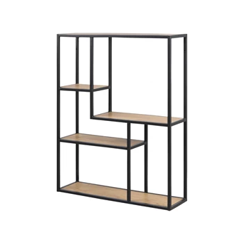 74953 seaford wandrek zwart metaal natuur hout 4 planken schuin vooraanzicht