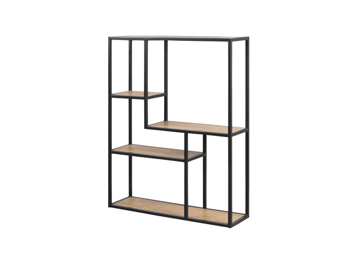74953 seaford wandrek zwart metaal natuur hout 4 planken schuin vooraanzicht