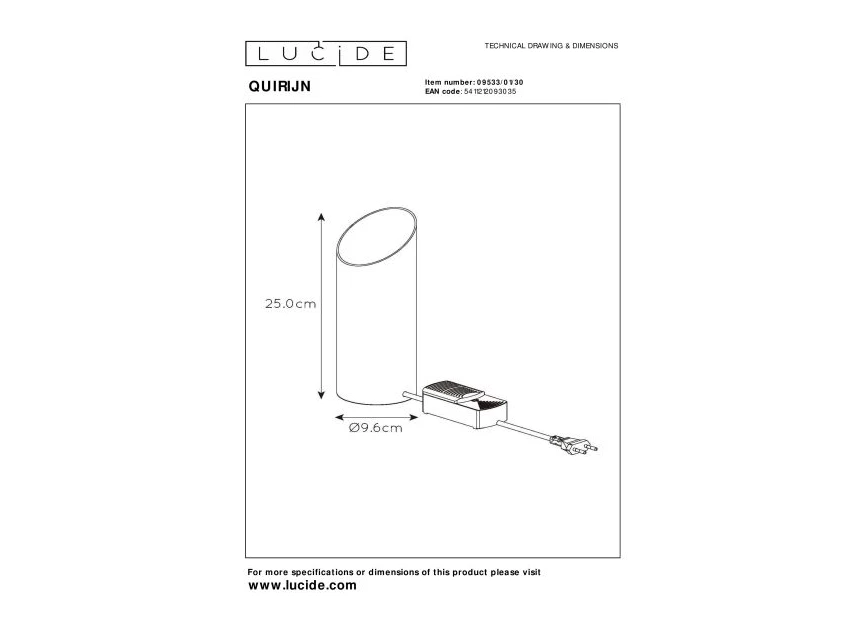 09533-01-30 quirijn tafellamp lucide metaal goud zwart e27 technische tekening
