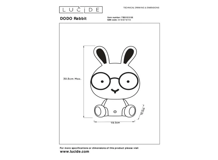 71591-03-66 off dodo rabbit tafellamp lucide dimbaar LED USB technische tekening