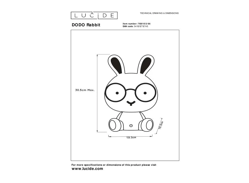 71591-03-66 off dodo rabbit tafellamp lucide dimbaar LED USB technische tekening