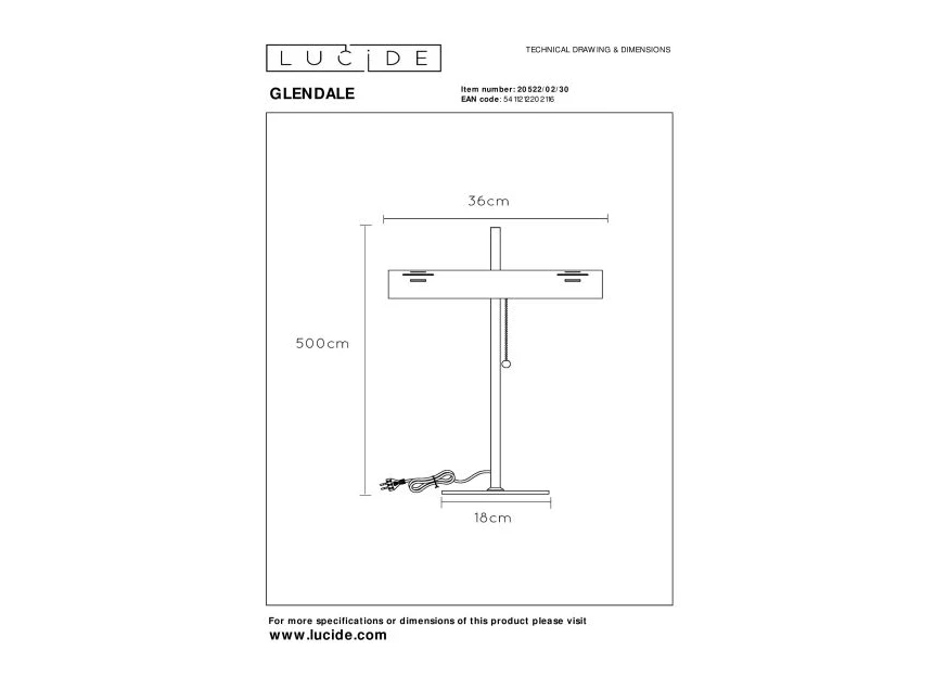 20522-02-30 glendale retro tafellamp e27 lucide zwart metaal koordje technische tekening