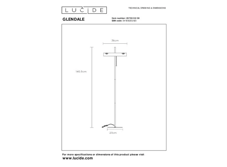 20722-02-30 glendale vloerlamp lucide retro zwart metaal koordje technische tekening