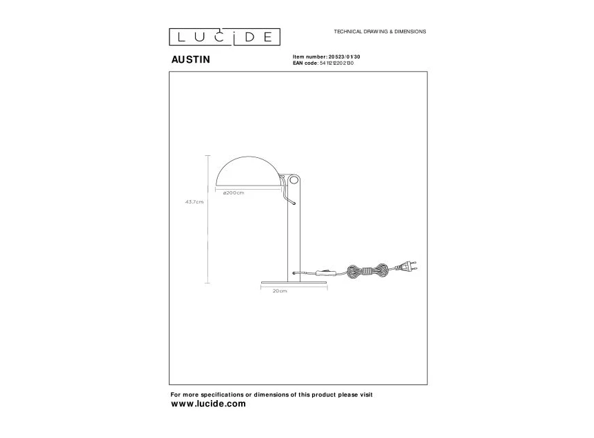 20523-01-30 austin tafellamp zwart metaal tijdloos e27 lucide technische tekening