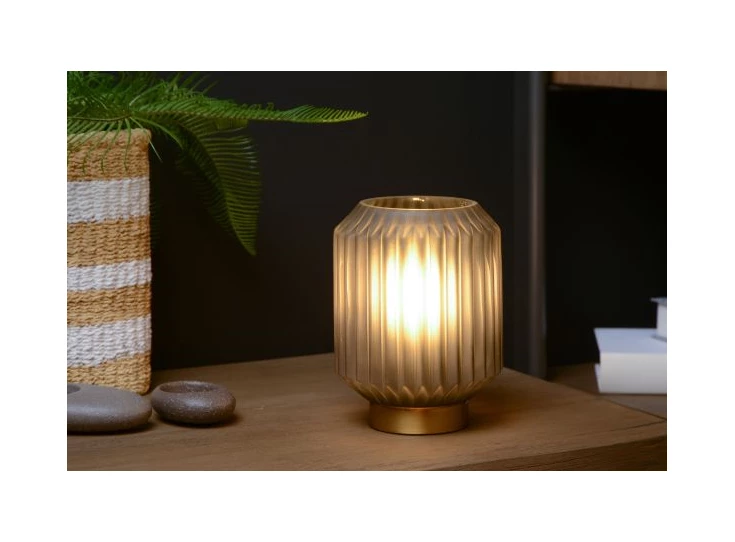 45595-01-51 sueno tafellamp mat grijs lucide geribbeld glas e14 messing sfeerbeeld