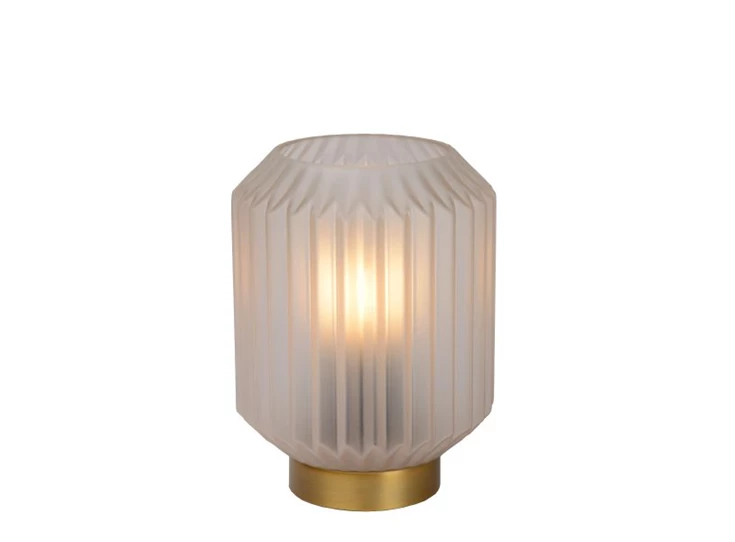 45595-01-31 sueno tafellamp wit geribbeld glas messing voet lucide e14 brandend