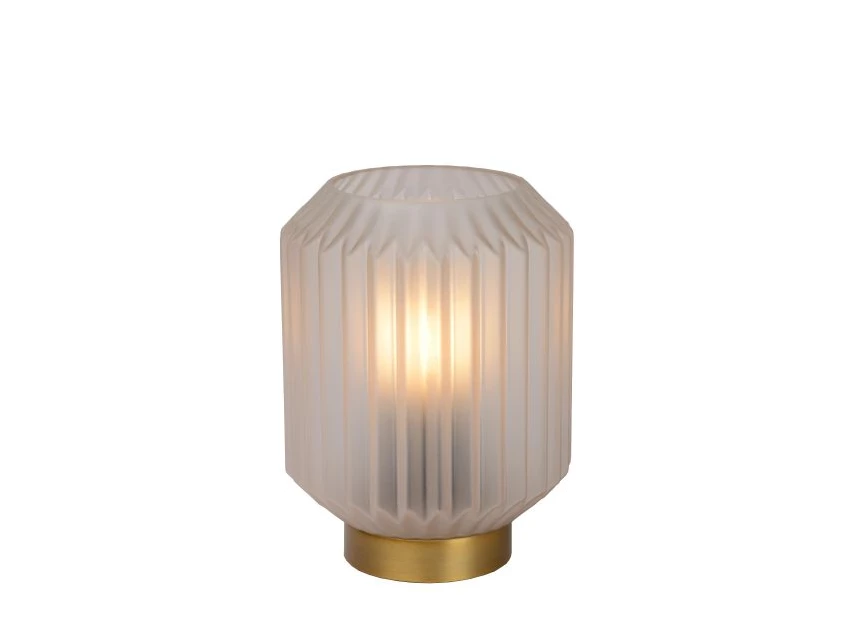 45595-01-31 sueno tafellamp wit geribbeld glas messing voet lucide e14 brandend