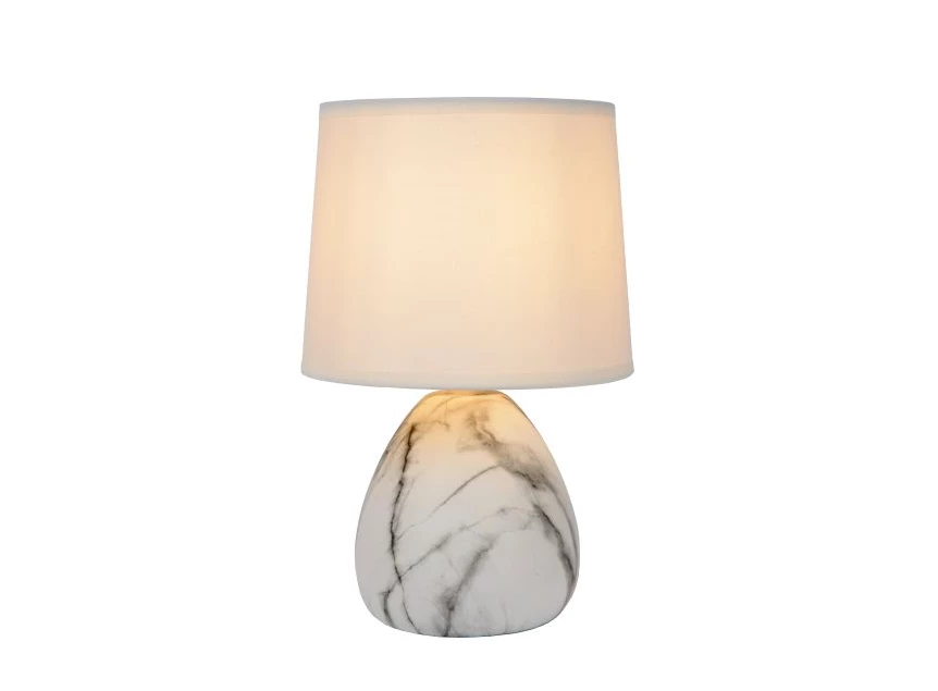 47508-81-31 marmo tafellamp lucide wit keramiek linnen kap marmerlook e14 brandend