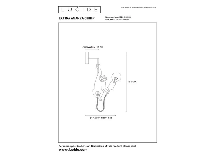 10202-01-30 chimp wandlamp goud E27 lucide dimbaar technische tekening