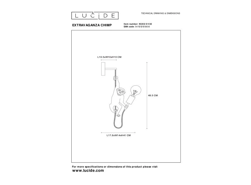 10202-01-30 chimp wandlamp goud E27 lucide dimbaar technische tekening