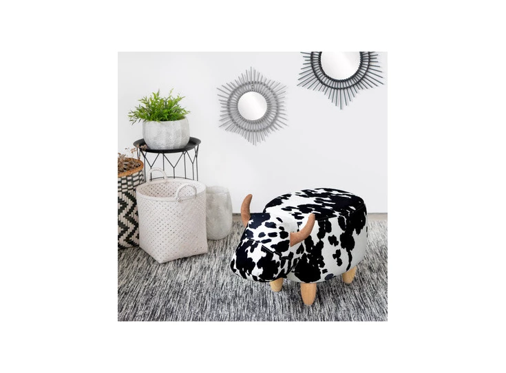 B27174 krukje koe cow zwart wit polyester wood hout bergers stool la vache balvi