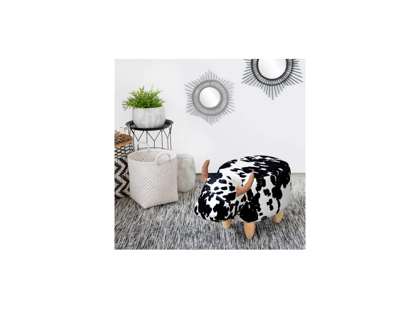 B27174 krukje koe cow zwart wit polyester wood hout bergers stool la vache balvi