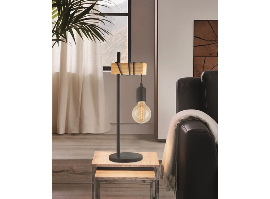 32918 balk staande lamp e27 1 lamp zwart metaal 10w eglo verlichting industrieel tafellamp hout eiken