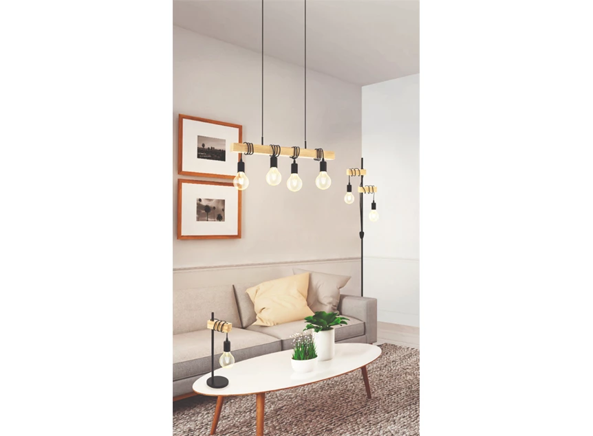 32918 balk zwart metaal 10w eglo verlichting industrieel tafellamp hout eiken staande lamp e27 1 lamp