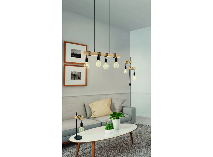 95499 hout 6 lampen hanglamp zwart verlichting industrieel staal townshend e27 eglo 60w eiken
