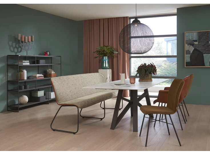 Voorkant Eetkamerbank Blake 681A combi leder en stof Bert Plantagie