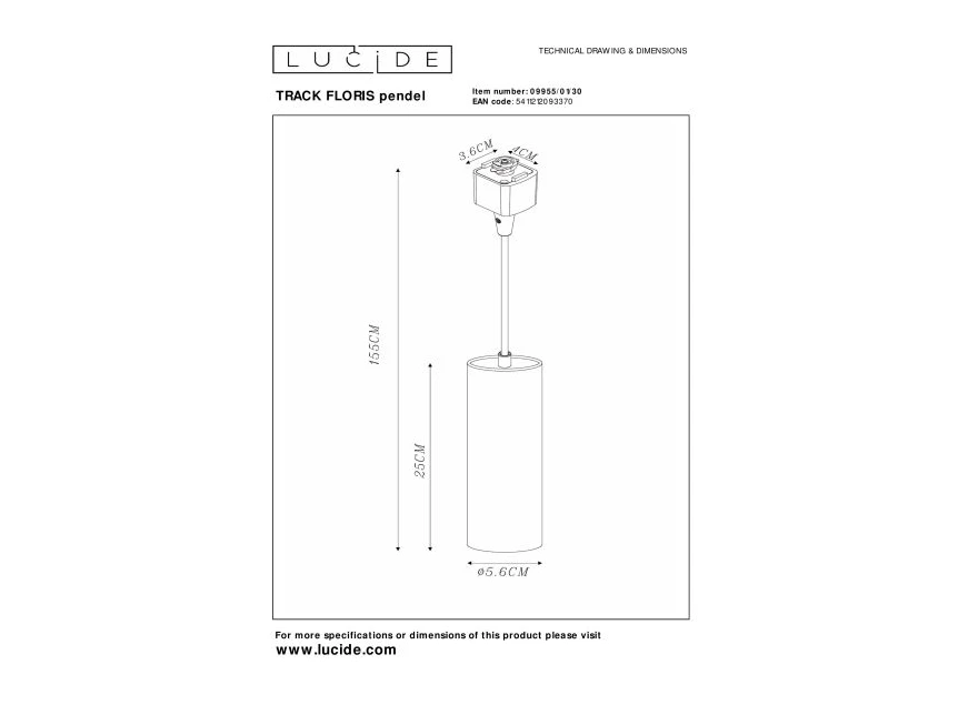 09955-01-30 floris hanglamp zwart lucide track railsysteem pendel technisch