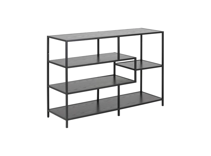 91154 seaford boekenrek laag zwart metaal hout actona assymetrisch schuin vooraanzicht