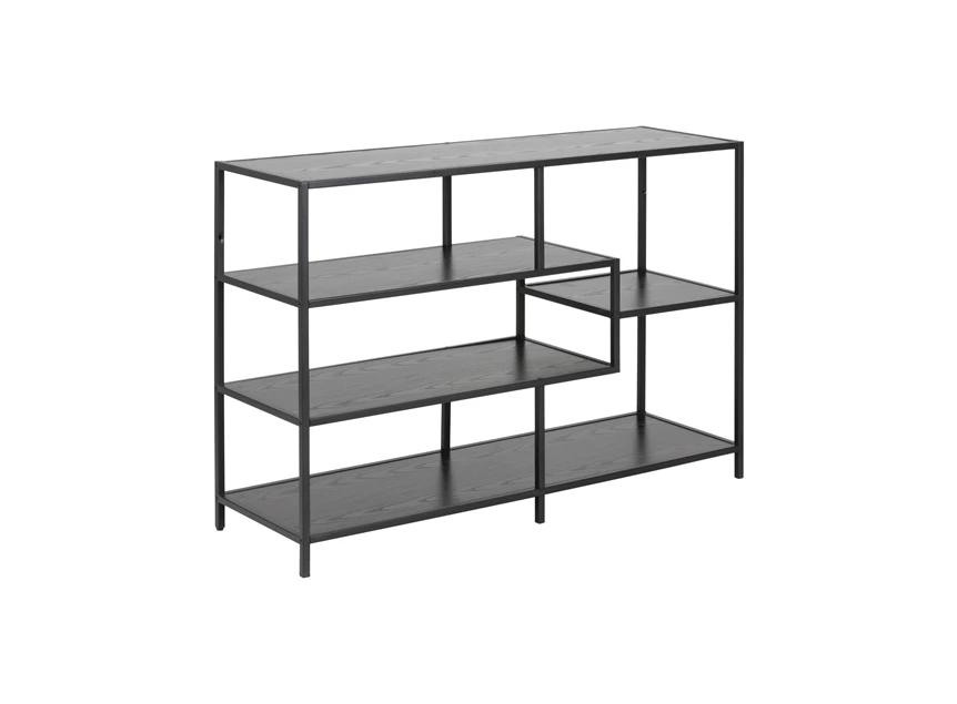 91154 seaford boekenrek laag zwart metaal hout actona assymetrisch schuin vooraanzicht