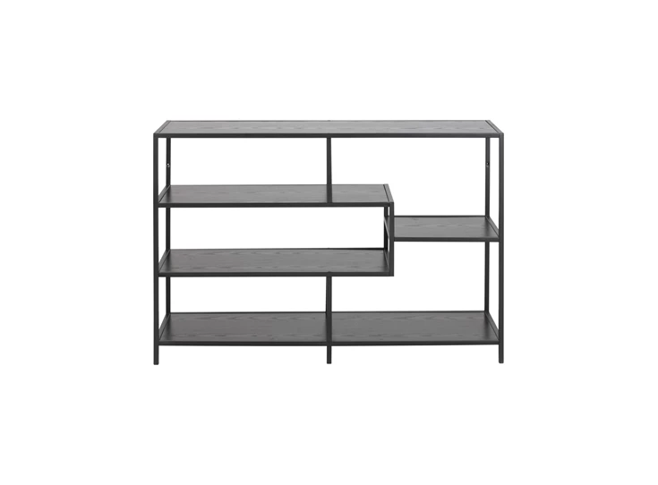 91154 seaford boekenrek laag zwart metaal hout actona assymetrisch recht vooraanzicht