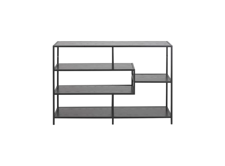 91154 seaford boekenrek laag zwart metaal hout actona assymetrisch recht vooraanzicht