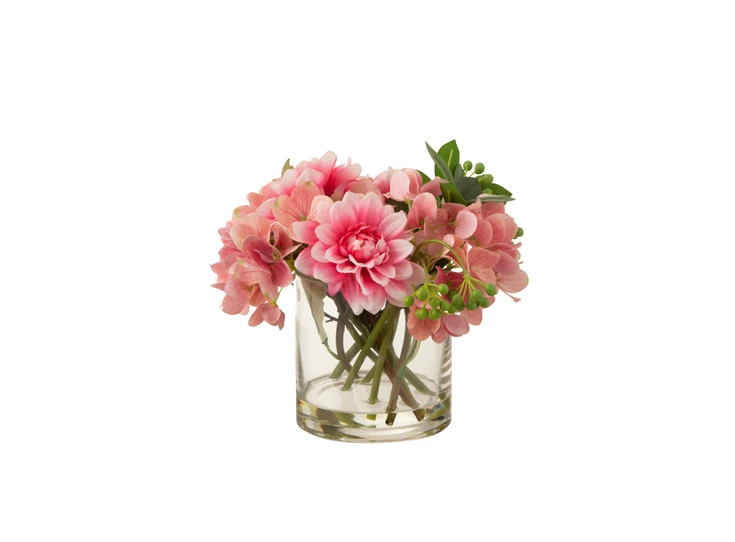 33345 hydrangea dahlia roze plastiek kunststof glazen vaas j-line kunstbloem