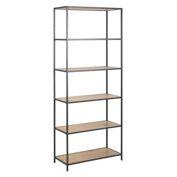 90941 seaford rek wilde eik zwart metaal hoog 6 planken schuin vooraanzicht