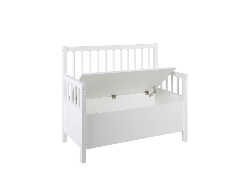 93605 aster bench mdf wit gelakt beige zitkussen opbergbak actona schuin vooraanzicht open