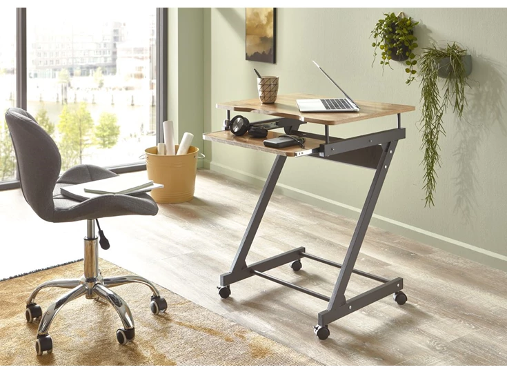 24989 bureau computertafel metalen frame wielen houten blad melamine compact haku sfeerbeeld