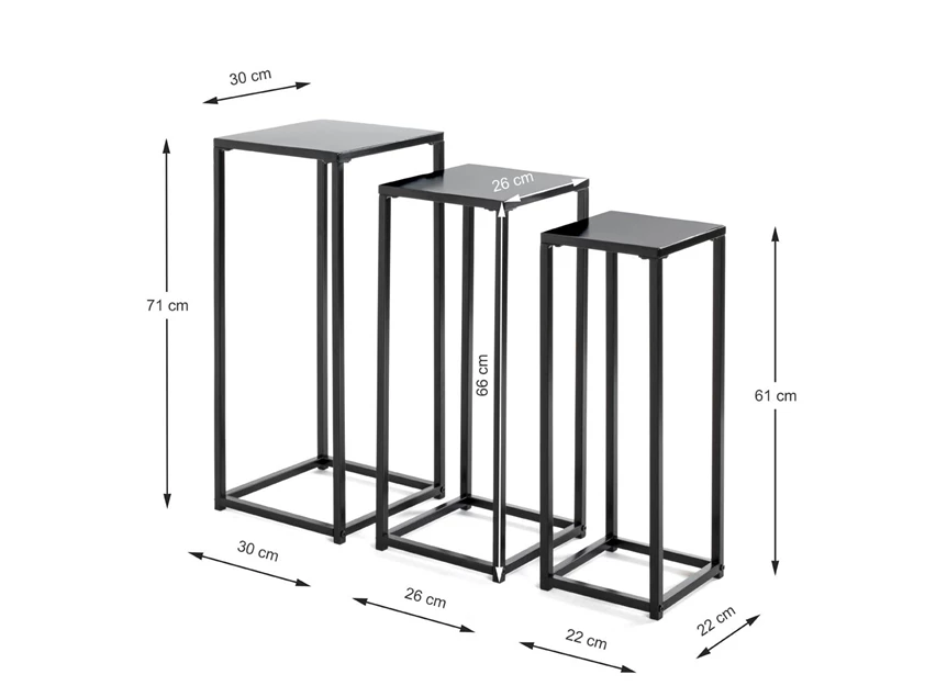 25559 set drie bloemenzuilen zwart metaal haku bijzettafel console vierkant afmetingen