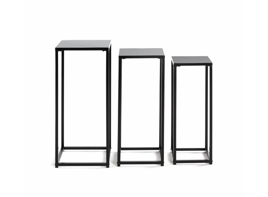 25559 set drie bloemenzuilen zwart metaal haku bijzettafel console vierkant naast elkaar