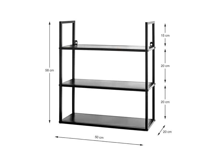 25564 wandrek regal sheffield zwart metaal hout 3 planken haku afmetingen