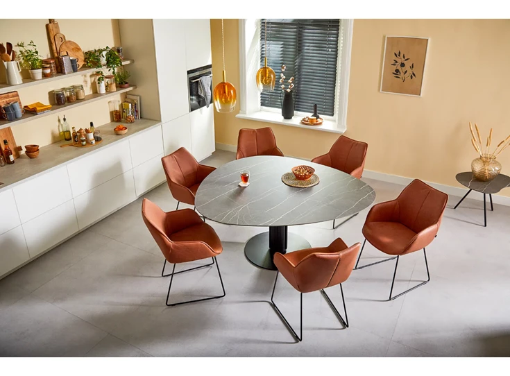 Bovenkant Armstoel Kiq Slede leder aan Steely eettafel Bree's New World