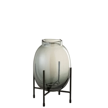 Vaas met geribbelde rand op voet -s- grijsblauw/zwart - vooraanzicht