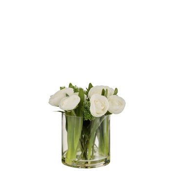 plastiek ranonkel in glazen vaas- wit/groen L- 12483