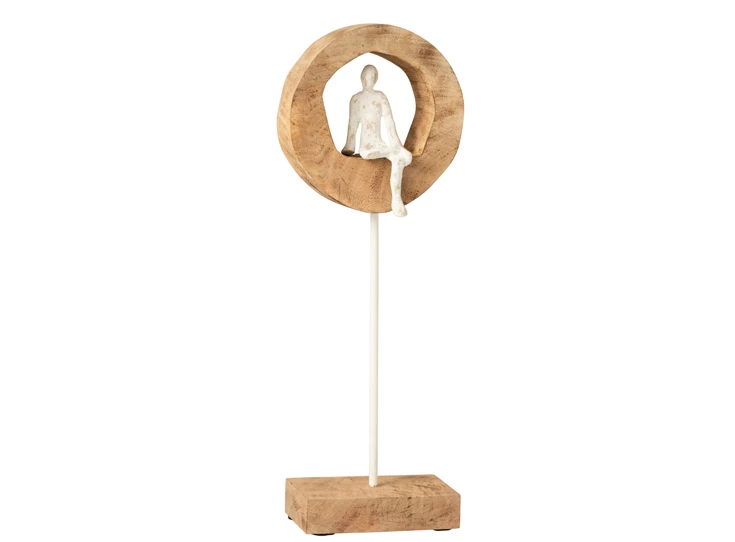 Hoog figuur denker in ring- mangohout/aluminium- naturel/wit- 10897