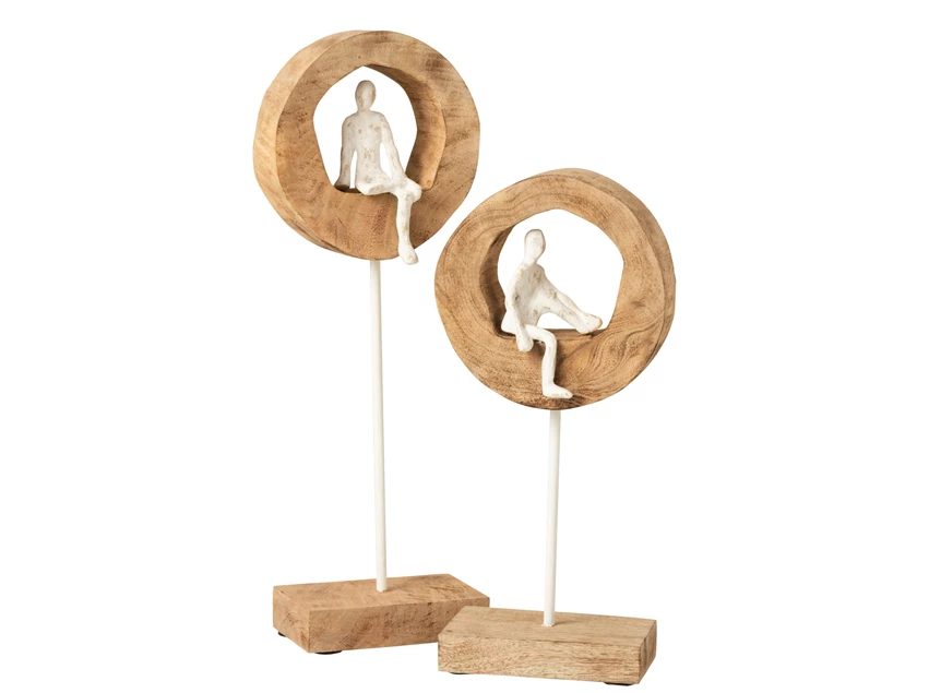 Hoog figuur denker in ring- mangohout/aluminium- naturel/wit- groot+klein