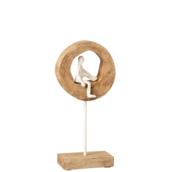 lage figuur denker in ring- mangohout/aluminium- naturel/wit- 10896