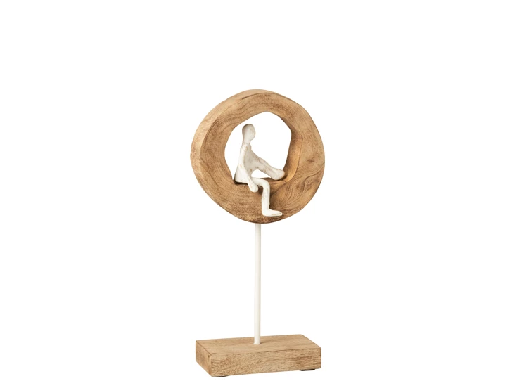 lage figuur denker in ring- mangohout/aluminium- naturel/wit- 10896