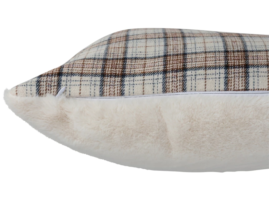 Vierkant geruiten kussen- polyester- bruin/wit- zijaanzicht