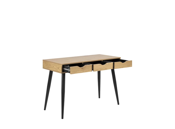 17689 neptun desk bureau 3 laden hout zwart metalen poten actona schuin aanzicht laden open