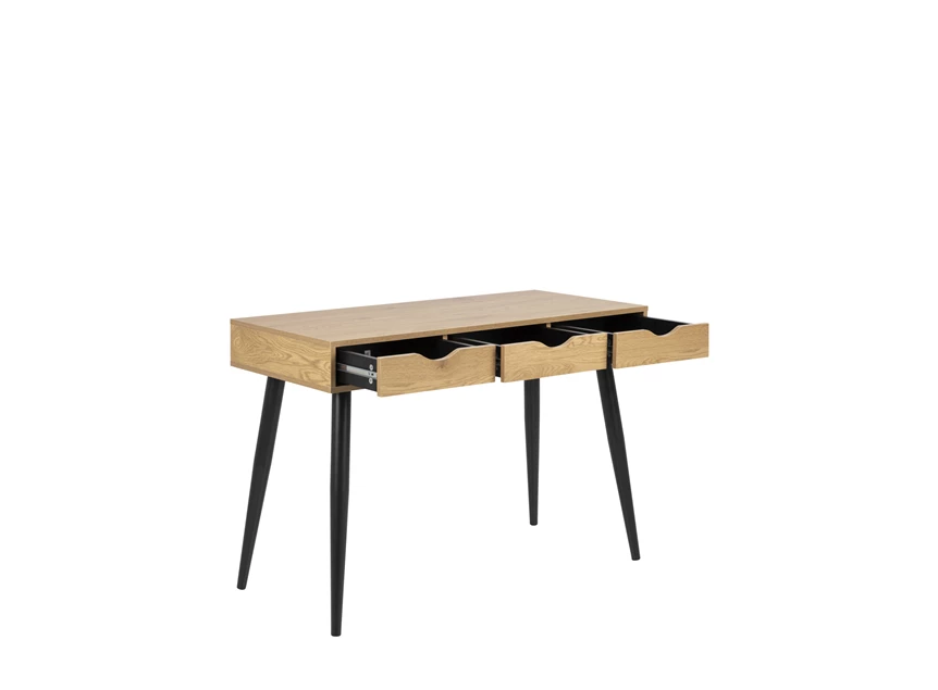 17689 neptun desk bureau 3 laden hout zwart metalen poten actona schuin aanzicht laden open
