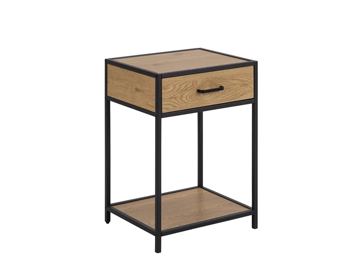81317 seaford nachtkastje lade zwart metaal naturel hout actona schuin vooraanzicht